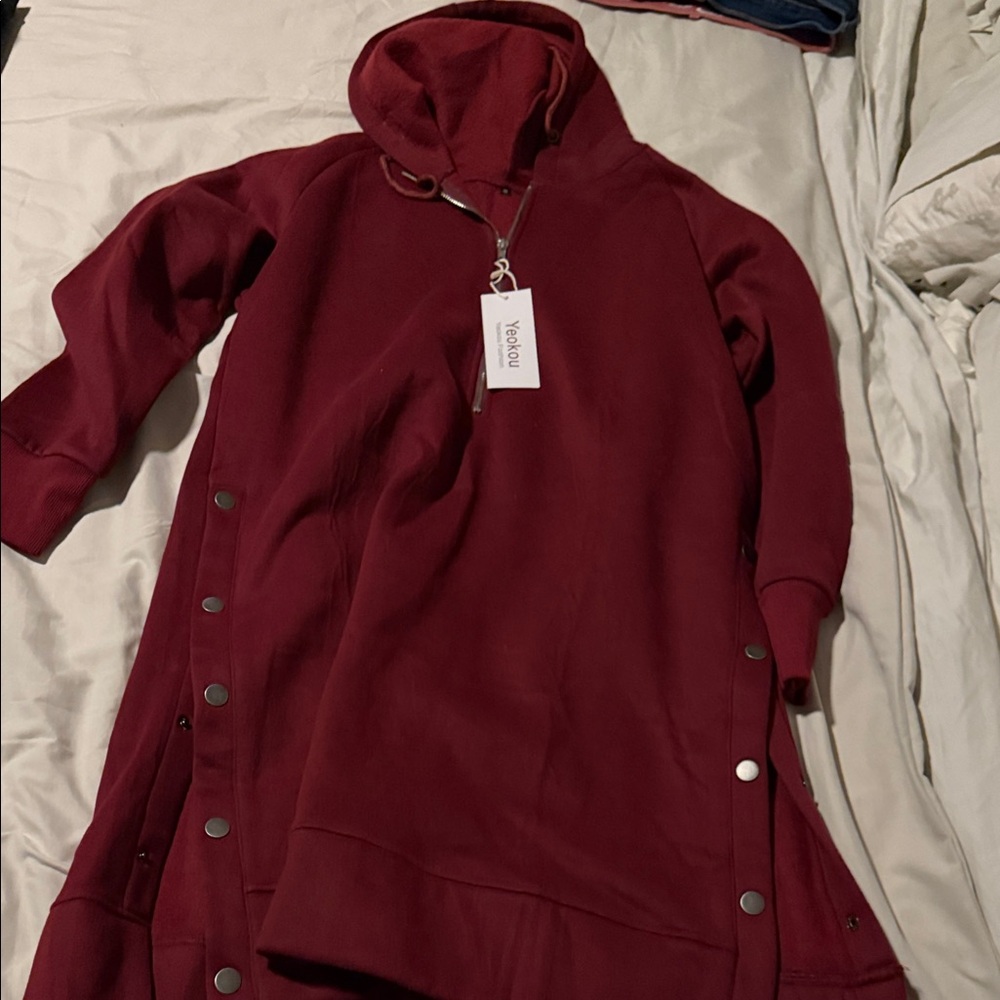 Burgundy Hooded Sweatshirt Dress with Snap Buttons